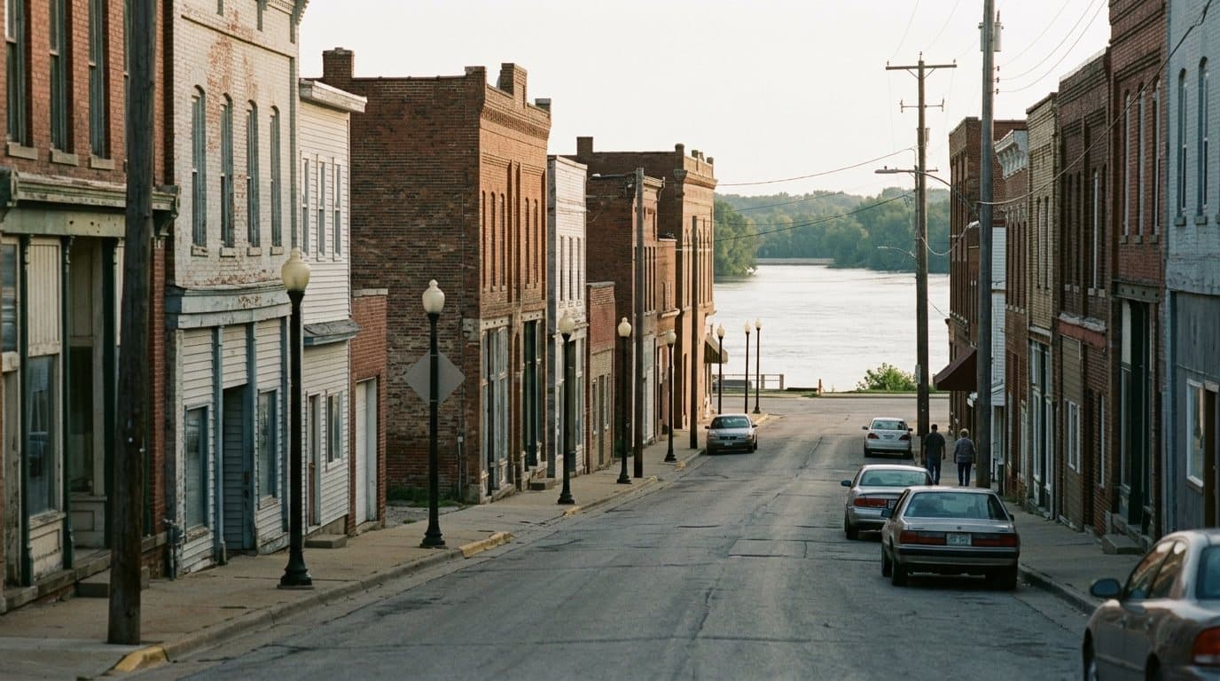 Brick main street of a Mississippi river town sloping down to the water at dusk