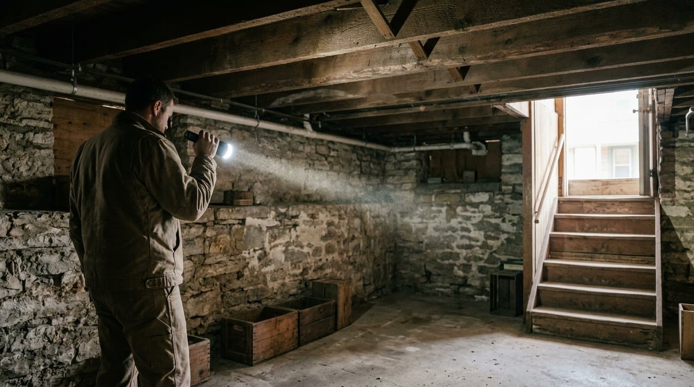 Inspector's flashlight beam raking across an old stone foundation wall