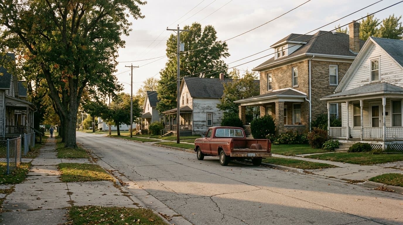 Quiet tree-lined street of modest Midwest homes in evening light