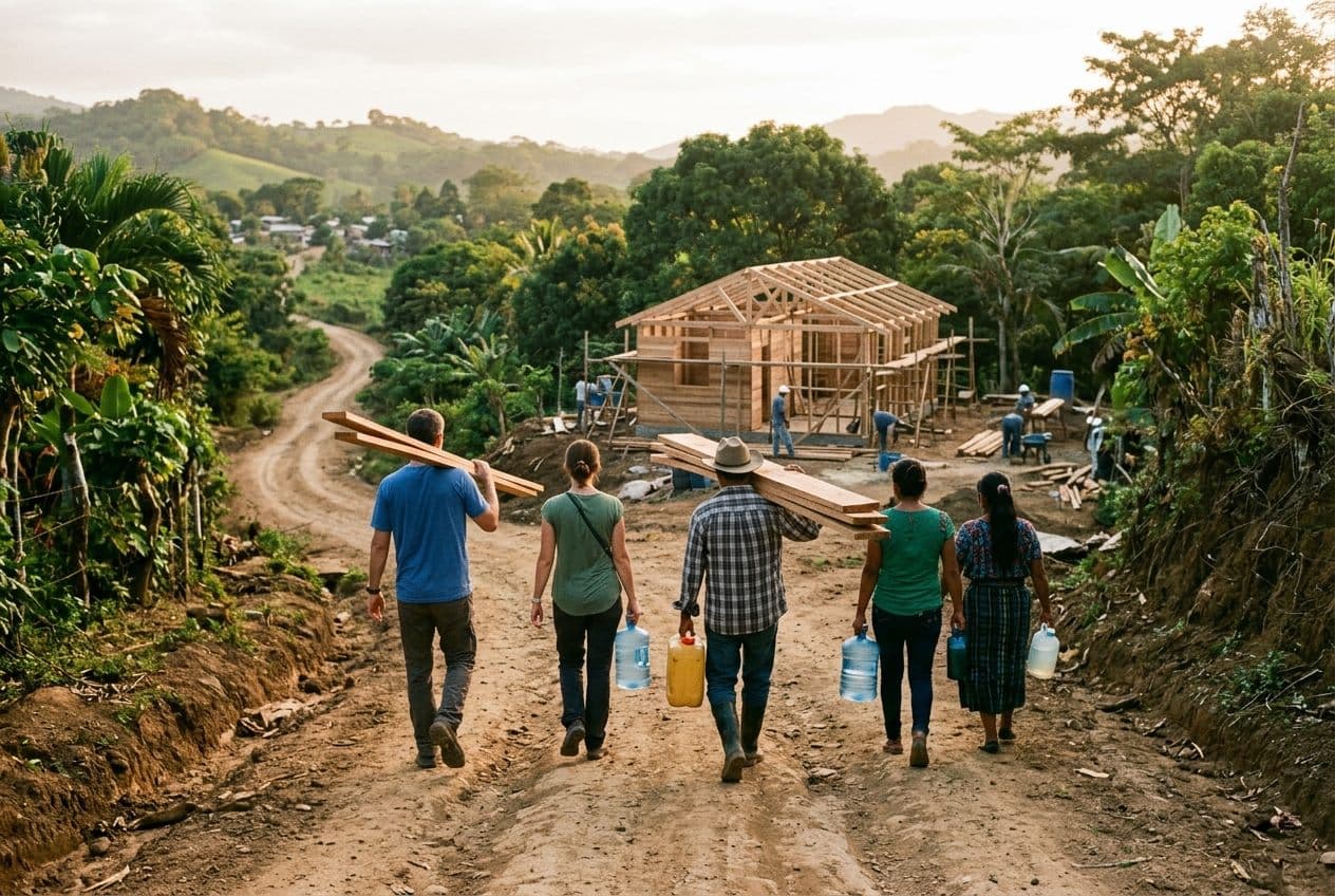 Visitors and villagers walking to a build site together