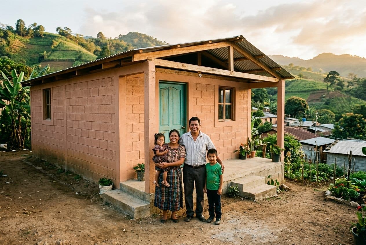 A family in front of their newly completed home in Central America