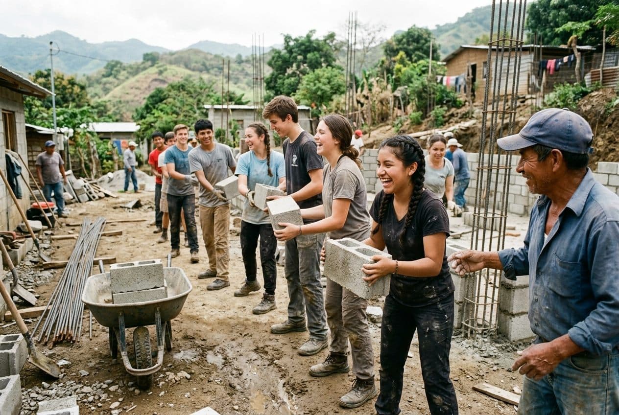 Youth volunteers passing concrete blocks at a build site